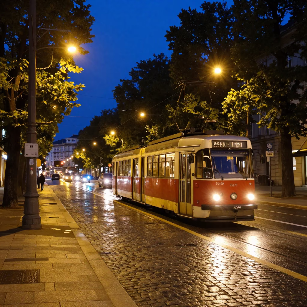 Midnight Street Scene in Vienna Austria with Vintage Trolley Car and Magnolia Tree in in Vienna, Austria