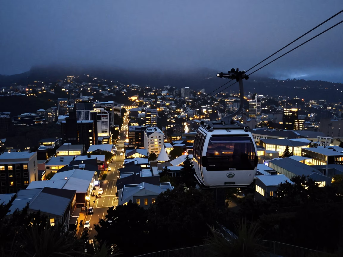 Midnight Street Scene in Wellington New Zealand with Aerial Tramway and Urban Details in in Wellington, New Zealand