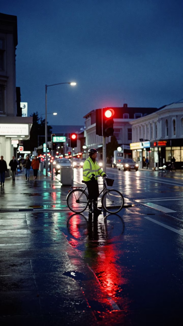Midnight Street Scene in Wellington New Zealand with Neon Lights and Wet Pavement in in Wellington, New Zealand