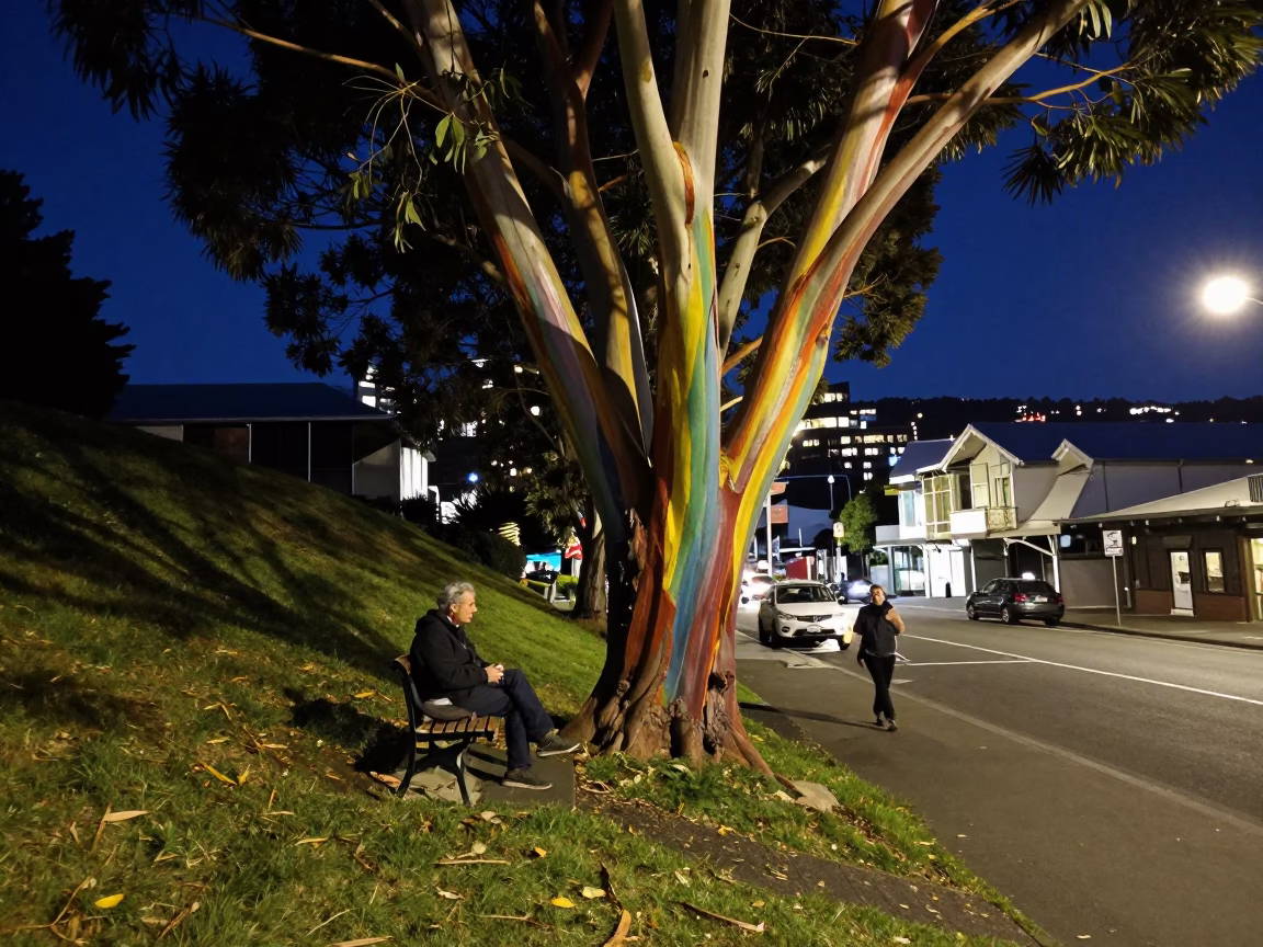 Midnight street scene in Wellington New Zealand with rainbow eucalyptus and urban details in in Wellington, New Zealand
