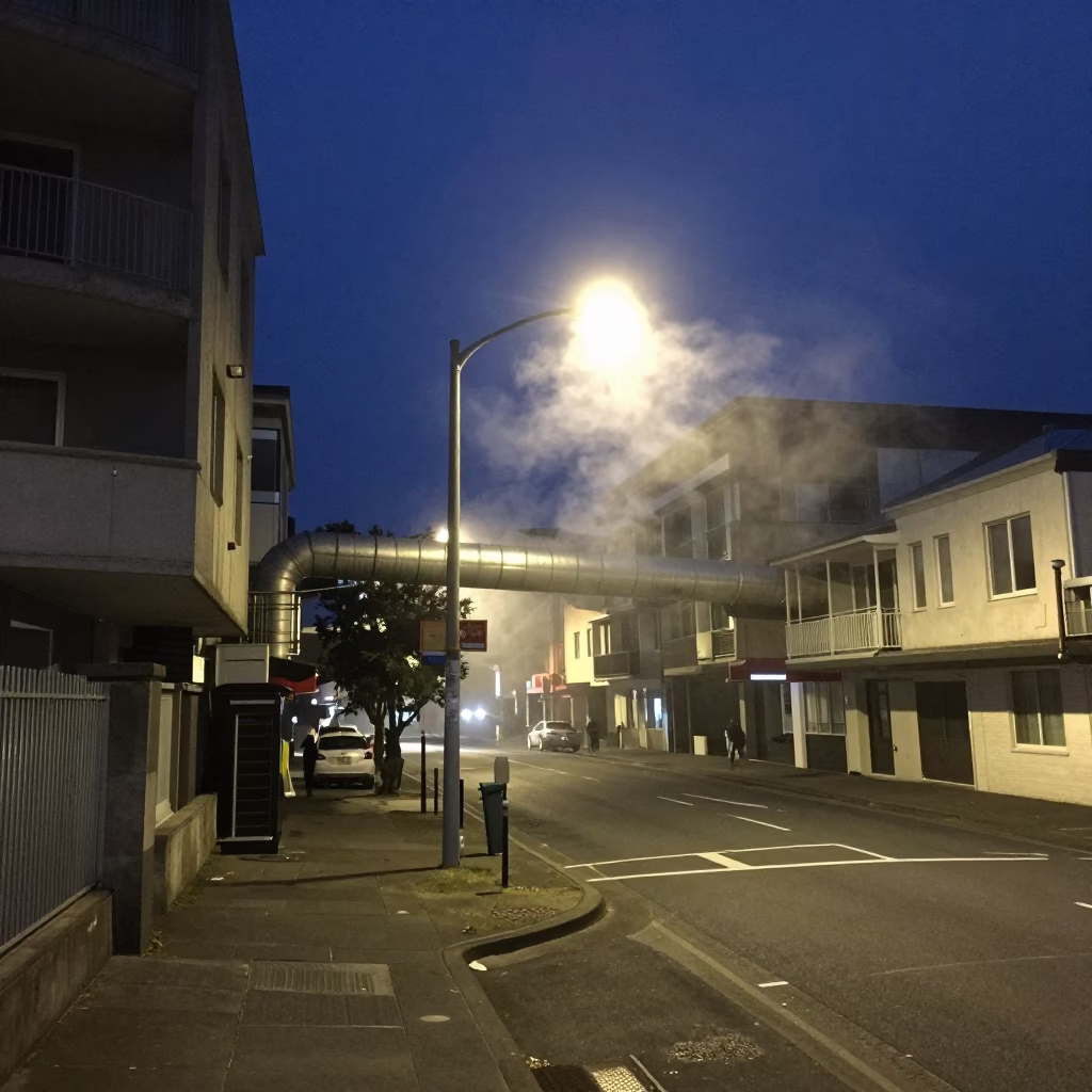 Midnight Street Scene in Wellington New Zealand with Steam Haze and Urban Infrastructure in in Wellington, New Zealand