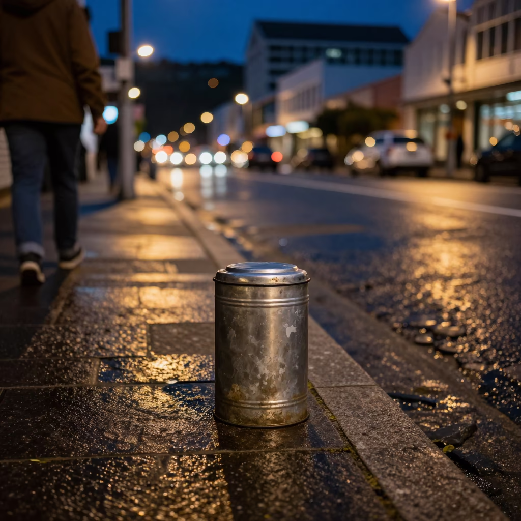 Midnight Street Scene in Wellington New Zealand with Vintage Tiffin Tin and Urban Details in in Wellington, New Zealand