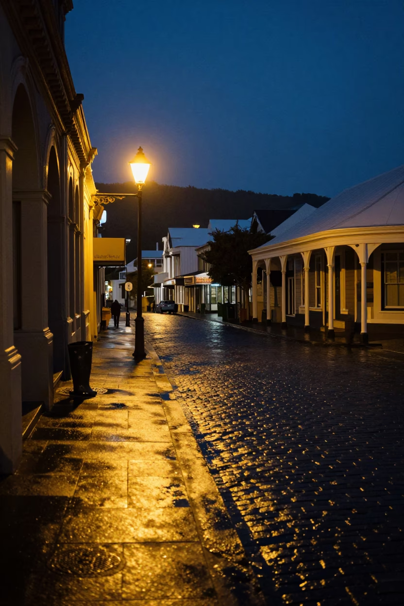 Midnight street scene in Wellington New Zealand with wet cobblestones and vintage streetlamp in in Wellington, New Zealand
