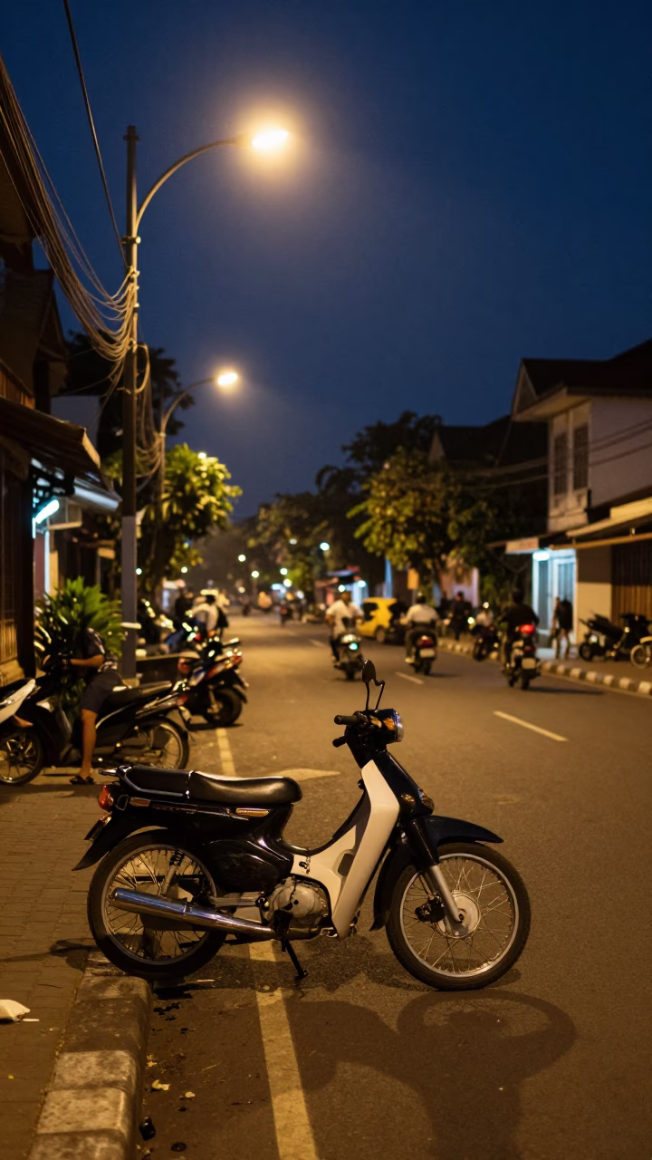 Midnight Street Scene in Yogyakarta Indonesia with Brushed Steel Rim and Local Life in in Yogyakarta, Indonesia