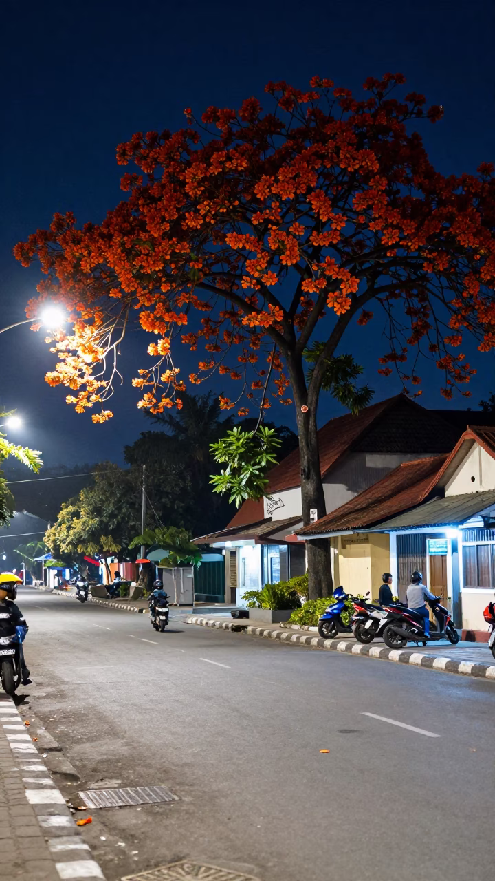 Midnight street scene in Yogyakarta Indonesia with flame tree bloom and local food stall in in Yogyakarta, Indonesia