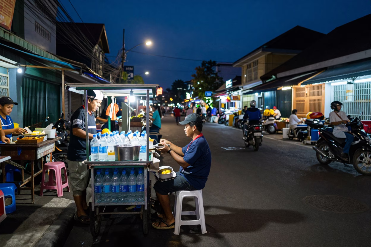 Midnight Street Scene in Yogyakarta Indonesia with Neon Light and Local Commerce in in Yogyakarta, Indonesia
