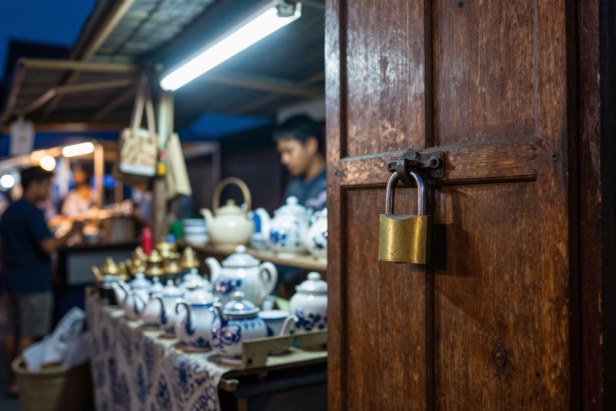 Midnight Street Scene in Yogyakarta Indonesia with Teapot and Padlock in in Yogyakarta, Indonesia