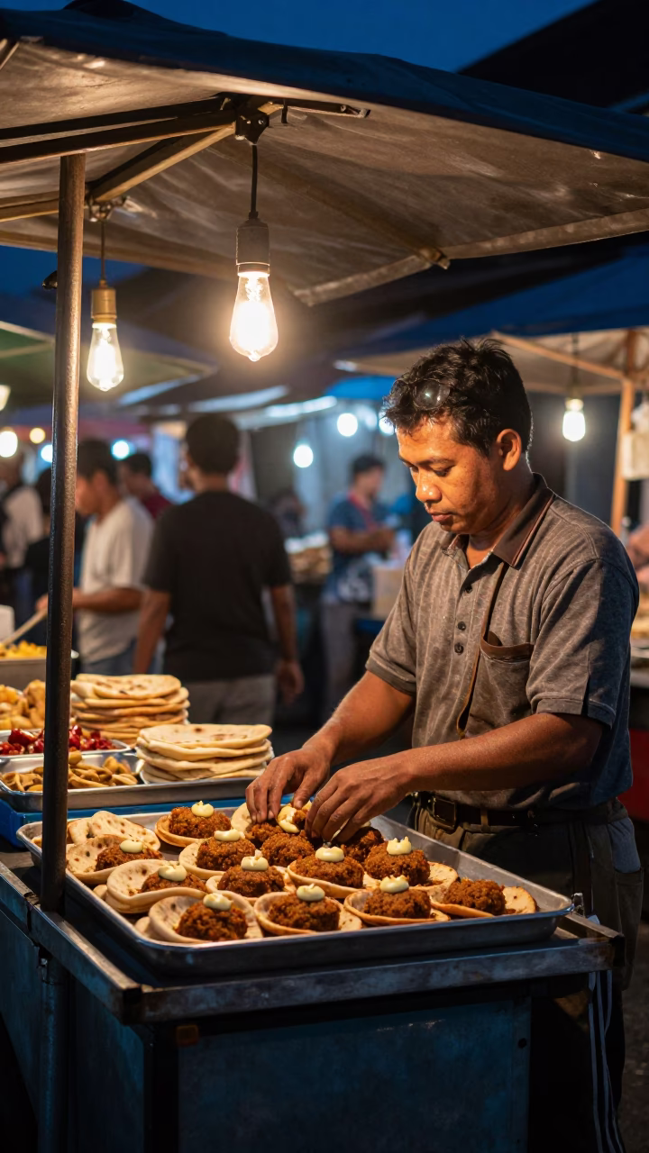 Midnight Street Scene in Yogyakarta Indonesia with Traditional Food and Local Interaction in in Yogyakarta, Indonesia