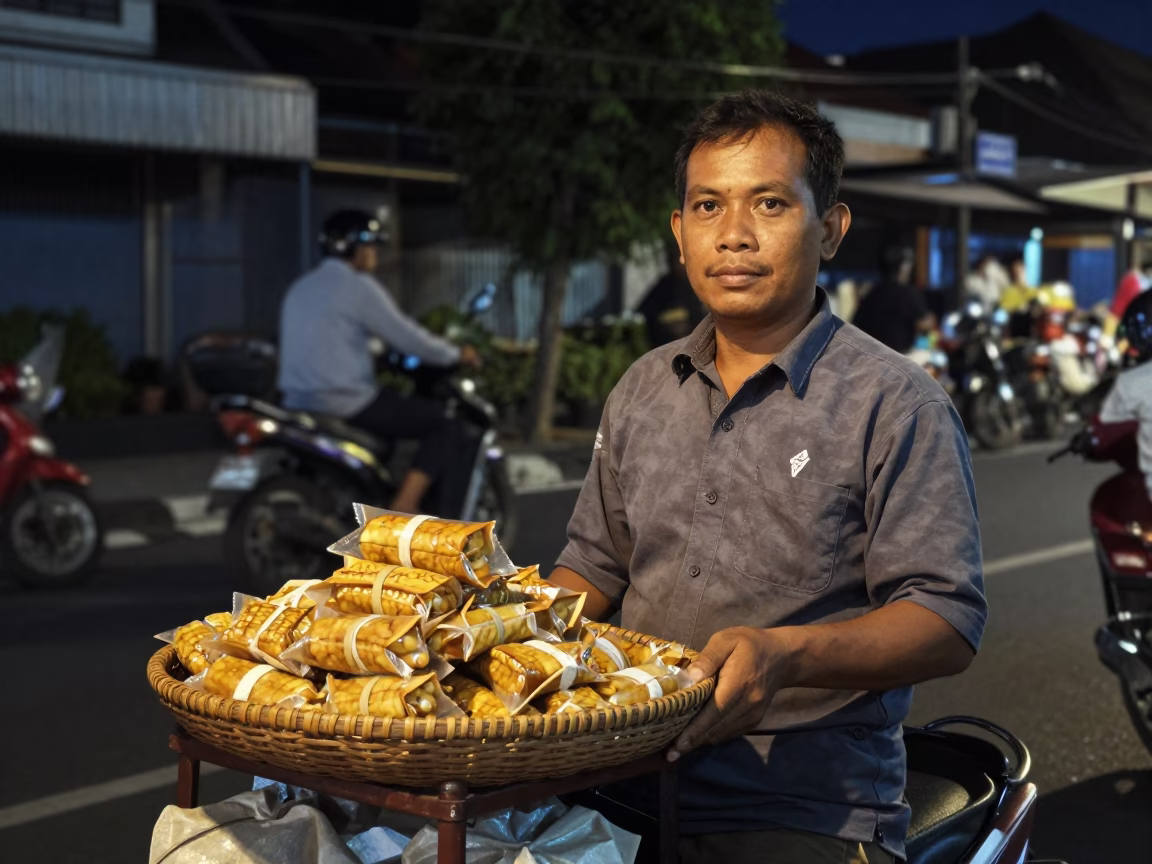 Midnight street scene in Yogyakarta Indonesia with vendor and basket tray in in Yogyakarta, Indonesia