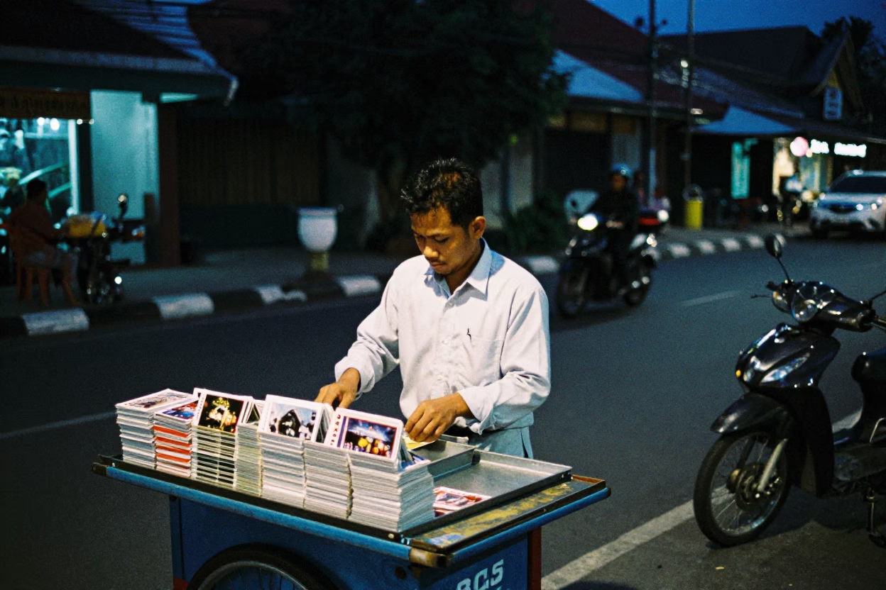 Midnight street scene in Yogyakarta Indonesia with vendor and letter tray in in Yogyakarta, Indonesia