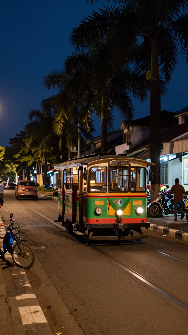 Midnight Street Scene in Yogyakarta Indonesia with Vintage Trolley and Local Vendor in in Yogyakarta, Indonesia