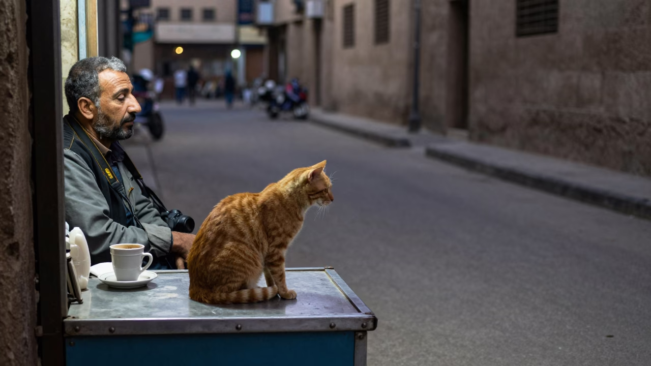 Midnight Street Vendor in Cairo Egypt with Orange Cat and Coffee Tin in in Cairo, Egypt