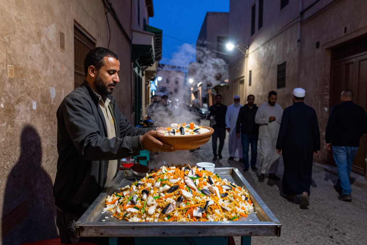 Midnight Street Vendor in Fez Morocco Serving Steaming Thieboudienne Fish Rice to Smiling Customers in in Fez, Morocco
