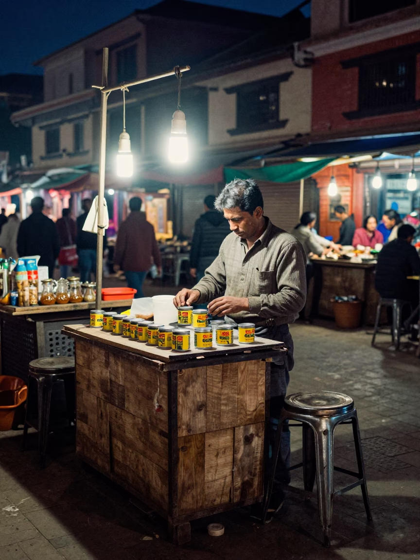 Midnight Street Vendor in Kathmandu Nepal Preparing Tea Tin and Work Stool in in Kathmandu, Nepal