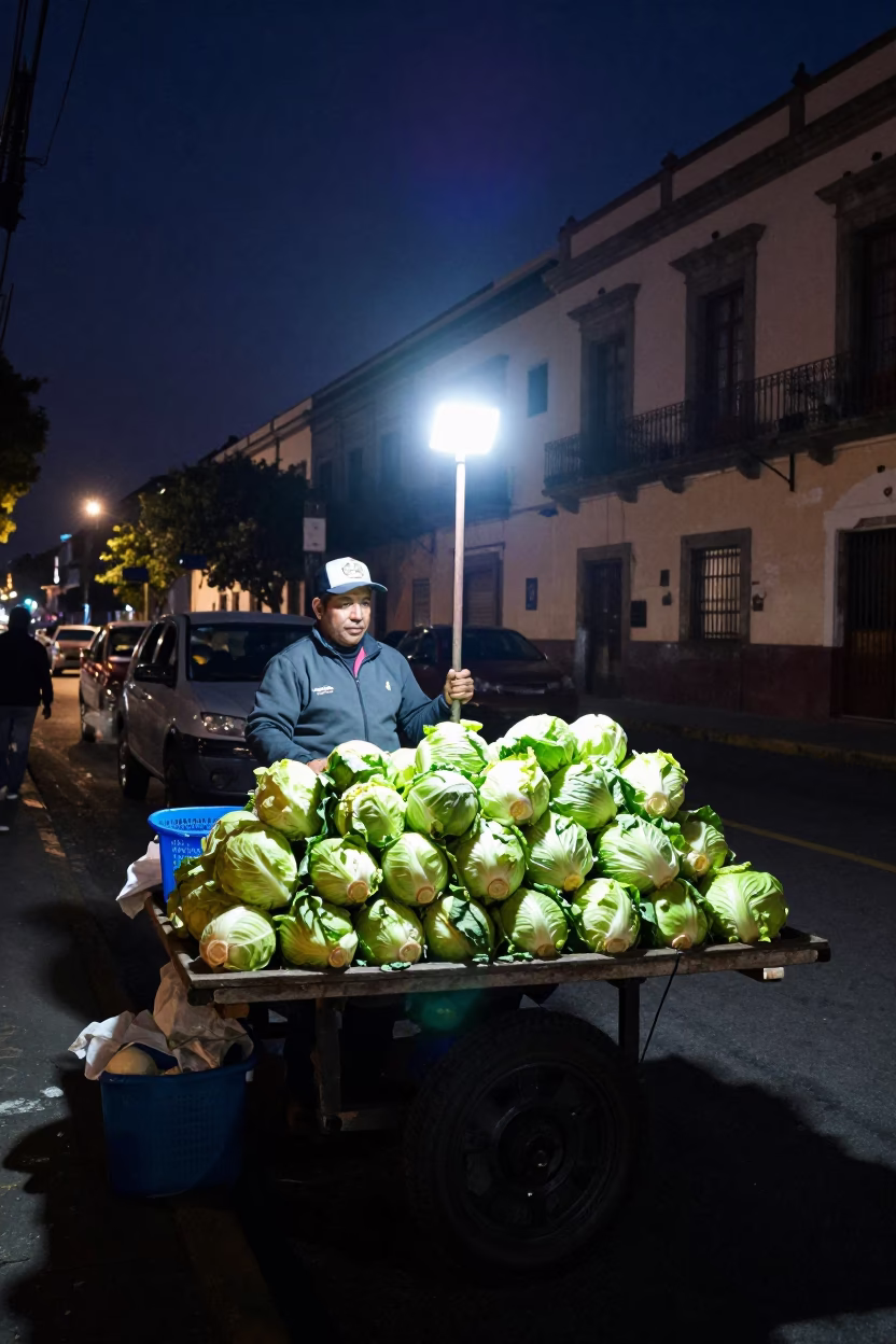 Midnight Street Vendor in Mexico City Selling Fresh Cabbages Under Neon Lights in in Mexico City, Mexico