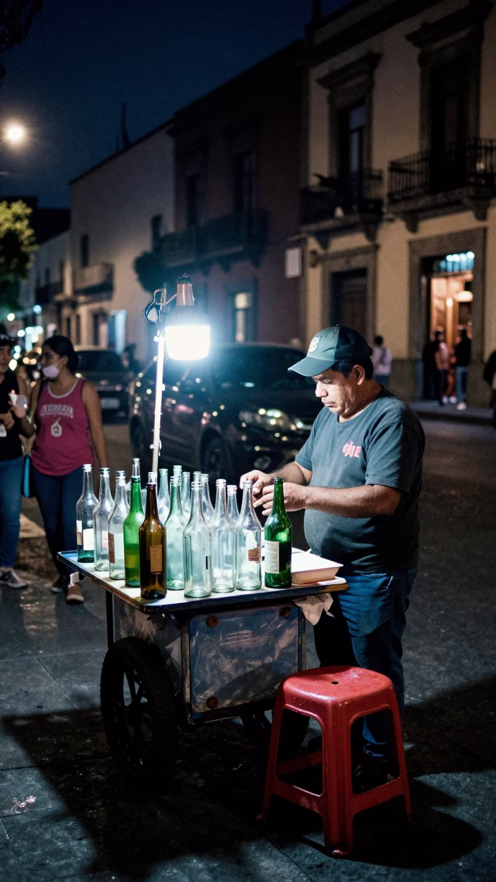 Midnight Street Vendor in Mexico City with Glass Bottles and Stool Under Neon Lights in in Mexico City, Mexico