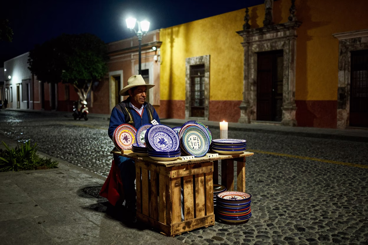 Midnight Street Vendor Oaxaca Mexico Selling Ceramic Plates and Dominoes Under Streetlight in in Oaxaca, Mexico