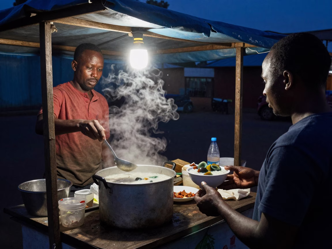 Midnight Street Vendor Serving Congee and Century Egg in Nairobi Kenya in in Nairobi, Kenya