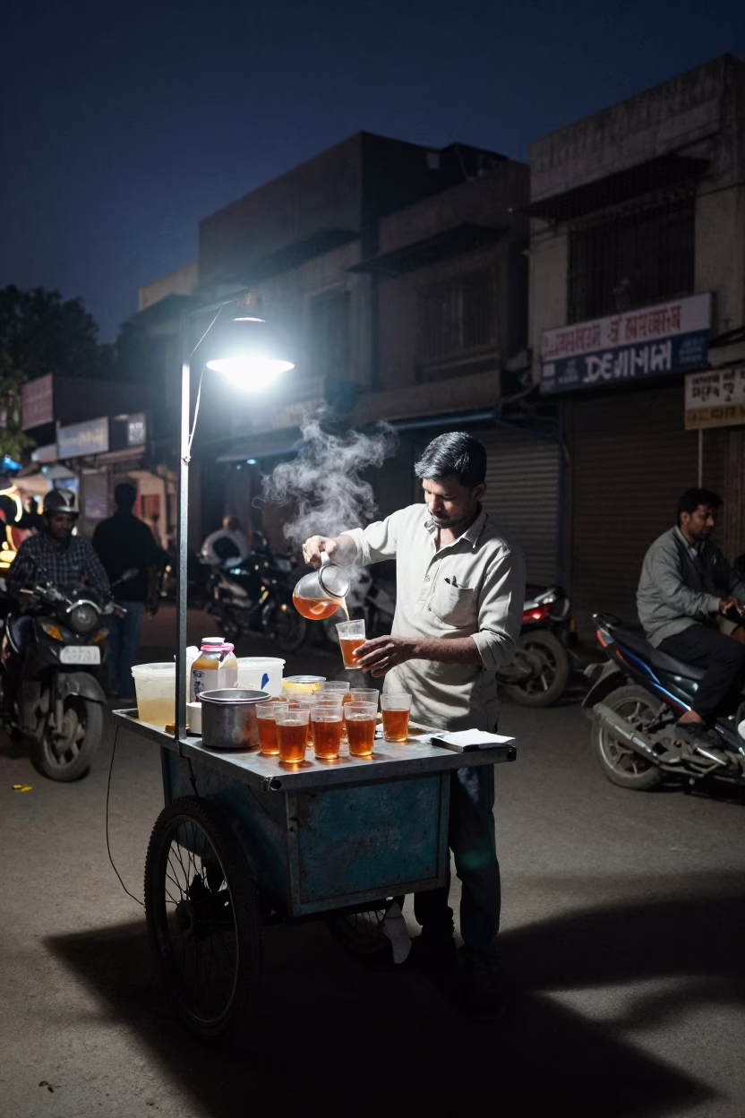Midnight Street Vendor Serving Hot Tea in Delhi India Night Market Scene in in Delhi, India