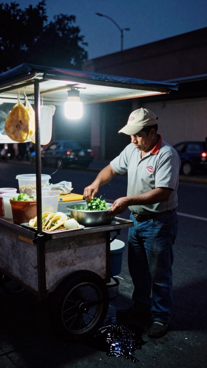 Midnight Street Vendor with Grease Sheen Drain and Wash Basin in Mexico City in in Mexico City, Mexico