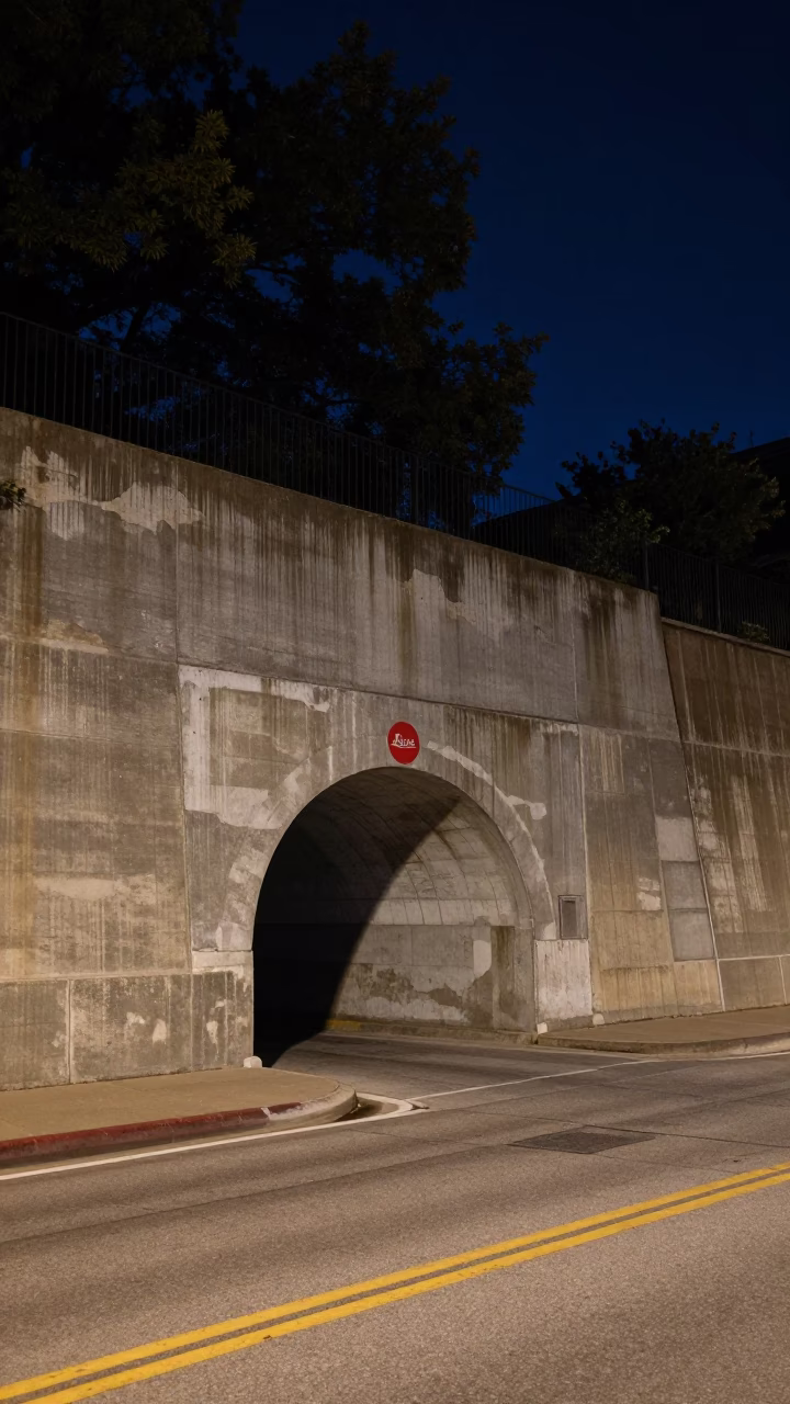 Midnight Street View of Austin Texas Tunnel Portal Retaining Wall Patched With Fresh Concrete in in Austin, Texas, United States