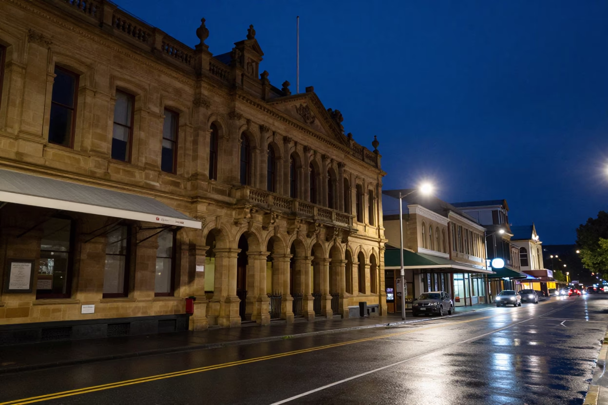 Midnight street view of Hobart Tasmania with historic architecture and quiet urban atmosphere in in Hobart, Tasmania, Australia