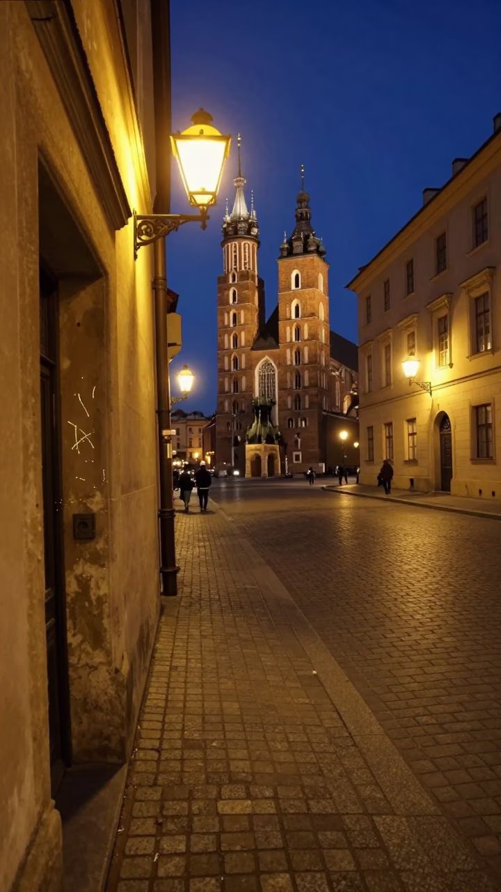 Midnight Street View of Krakow Poland with Cobblestones and Vintage Architecture in in Krakow, Poland