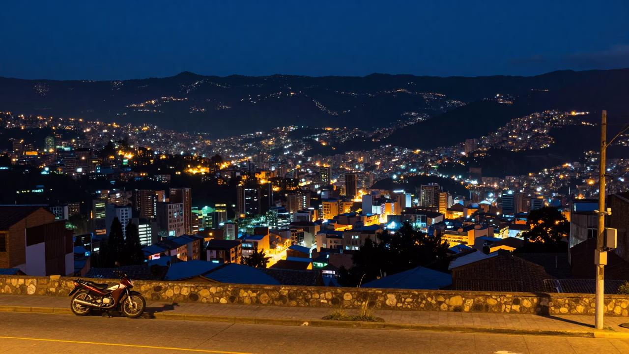 Midnight Street View of Medellin Colombia with Distant City Lights and Urban Architecture in in Medellin, Colombia