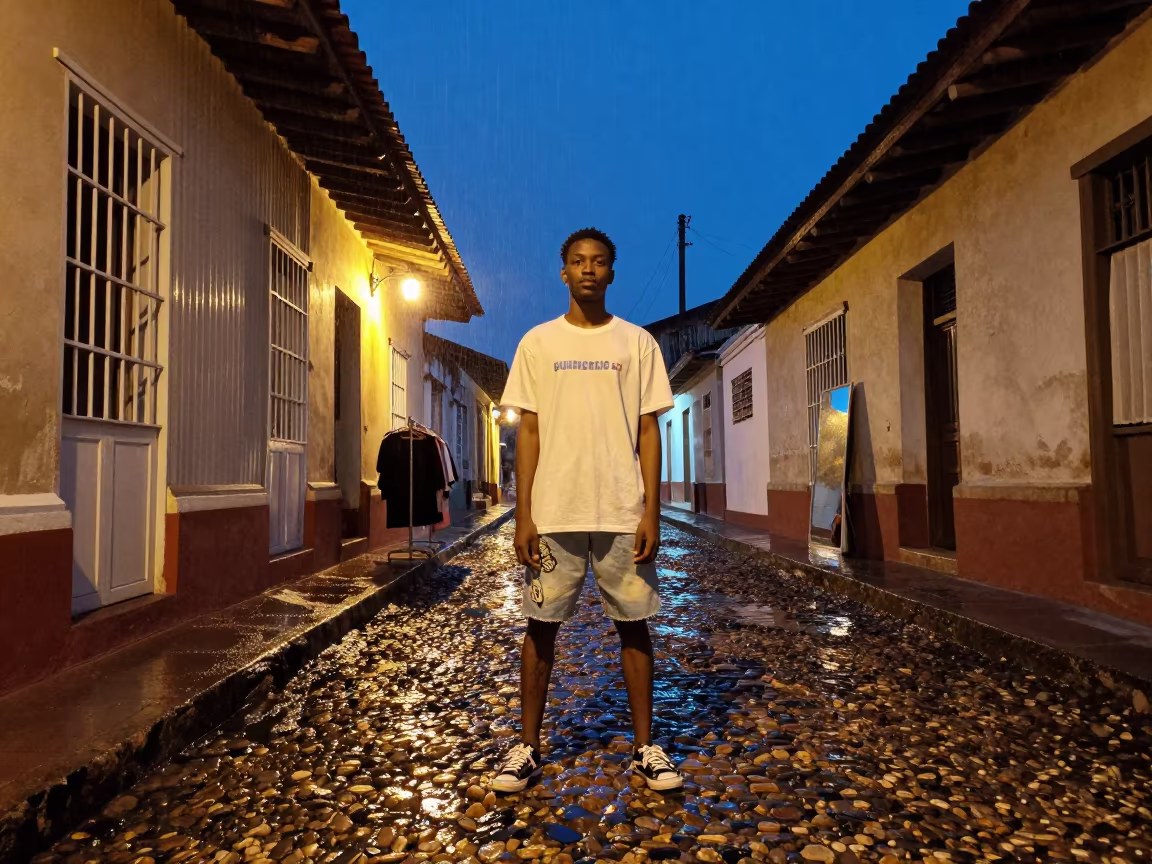 Midnight Streetwear Editorial Trinidad Rain Steel in in a stone lane between old facades in Trinidad