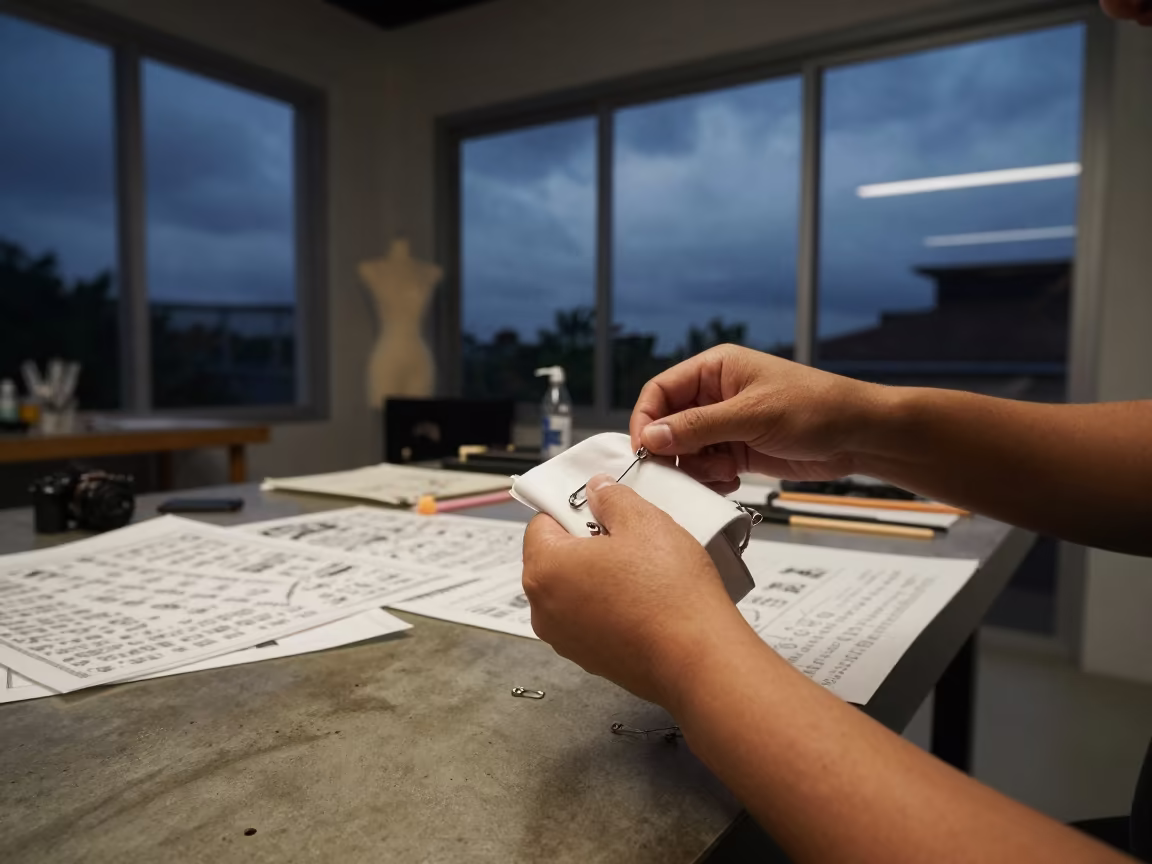 Midnight Stylist Pinning Oversized Cuffs in Phuket Atelier in inside a couture atelier in Phuket