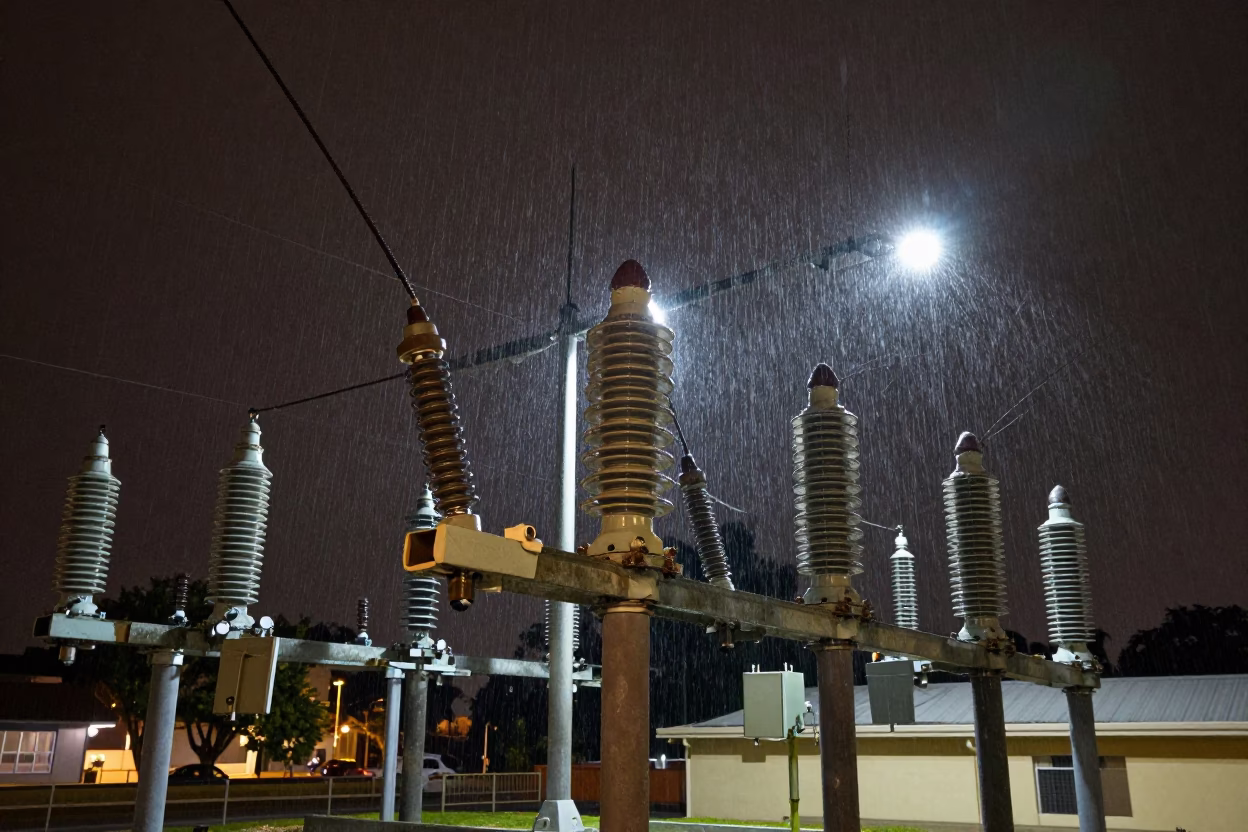Midnight Substation Insulators Sparkling with Rain Under Floodlights in Perth Western Australia in in Perth, Western Australia, Australia
