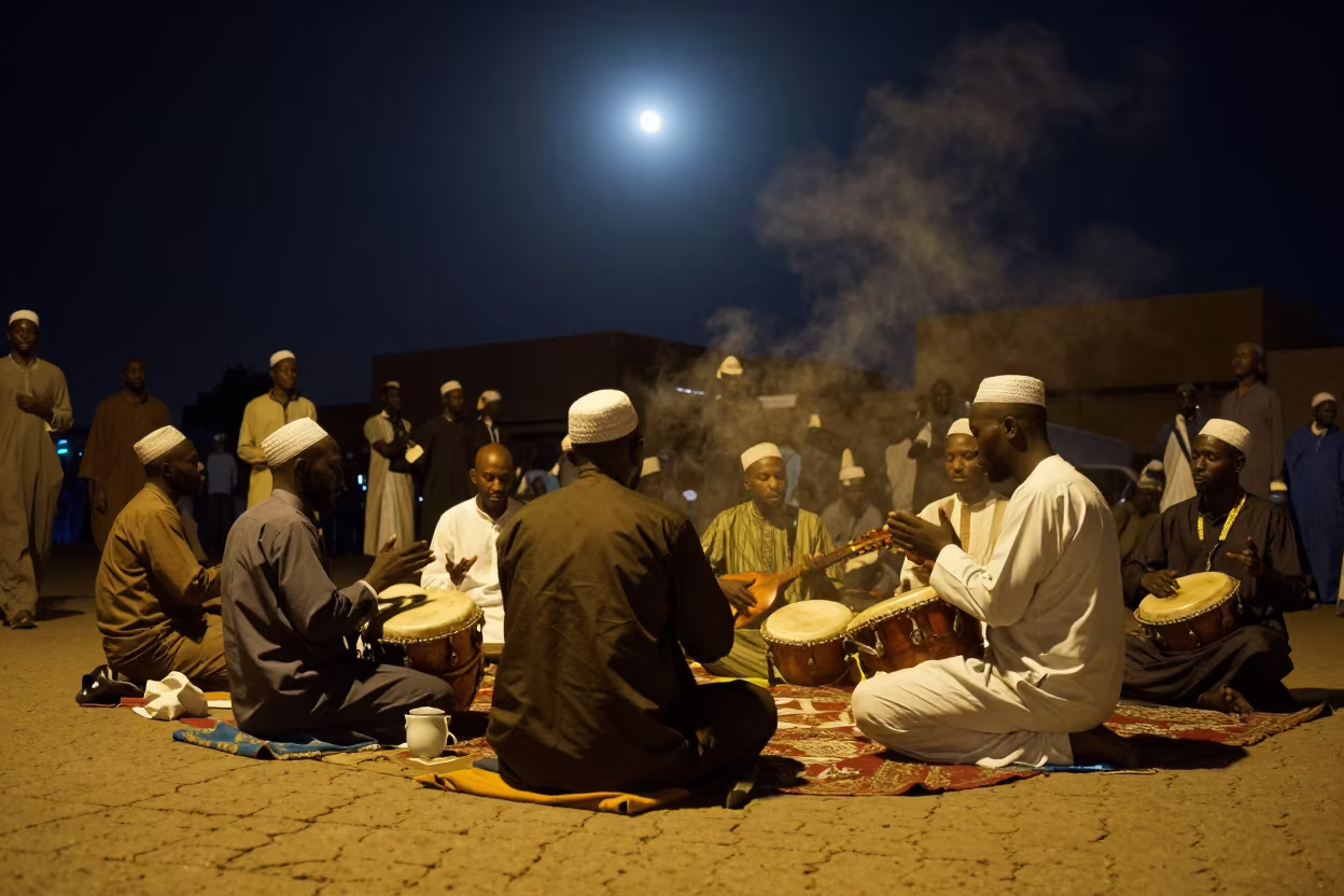 Midnight Sufi Musicians Bamako Street Corner in at a street corner busking spot in Bamako