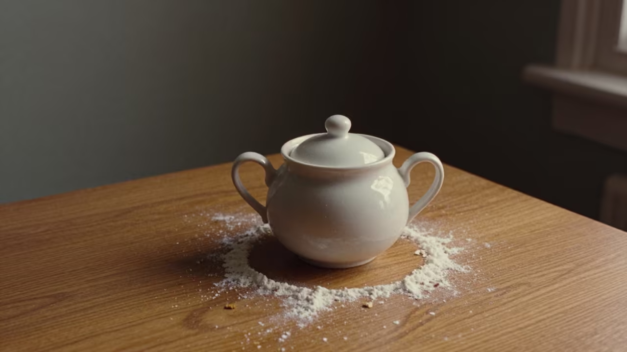 Midnight Sugar Bowl on Oak Table in on a hotel dresser in Glasgow
