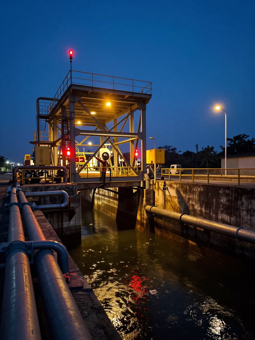 Midnight Sump Reflections on Dam Spillway Steel in along a dam spillway in Taloqan