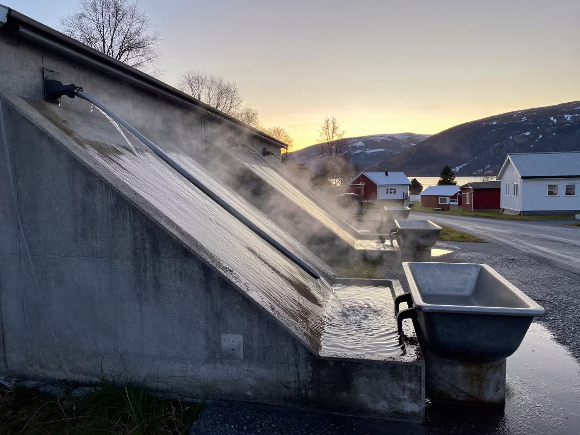 Midnight Sun Milking Claw Wash Rack in near a windbreak and water trough in Norway