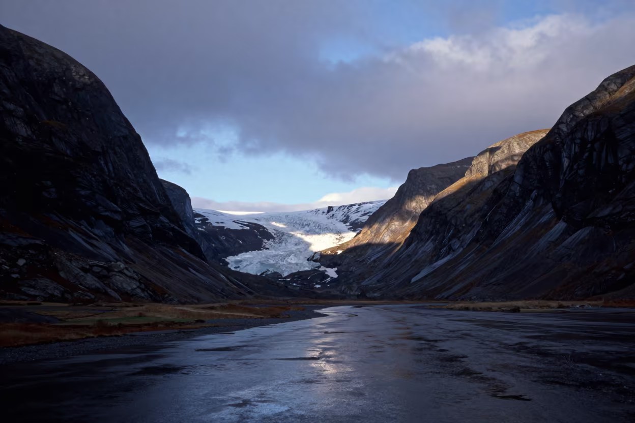 Midnight Sun Over Norwegian Floodplain Valley in across a floodplain after rain in Norway
