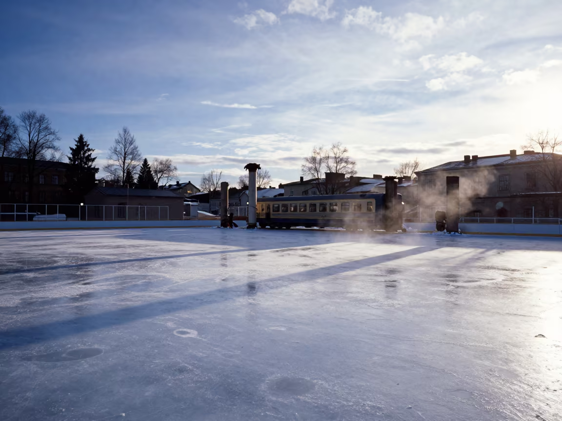 Midnight Sun Train in Ruined Helsinki Rink in among toppled columns and nettles near Kruununhaka, Helsinki