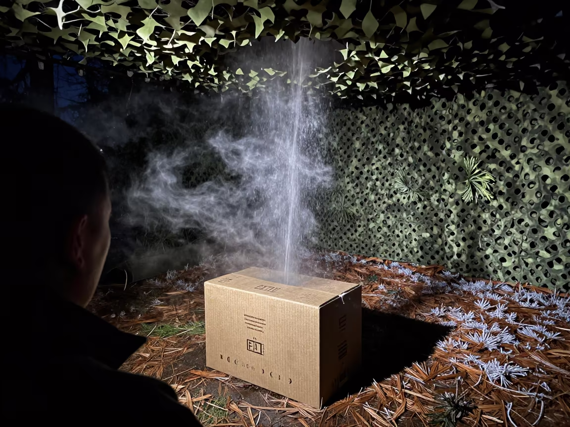 Midnight Supply Target Paster Box Oregon Winter in beneath a camouflage net shelter in Oregon