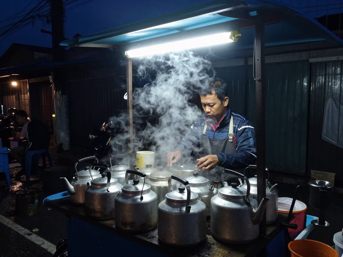 Midnight Surabaya Street Food Stall with Tea Kettles and Local Night Market Activity in in Surabaya, Indonesia