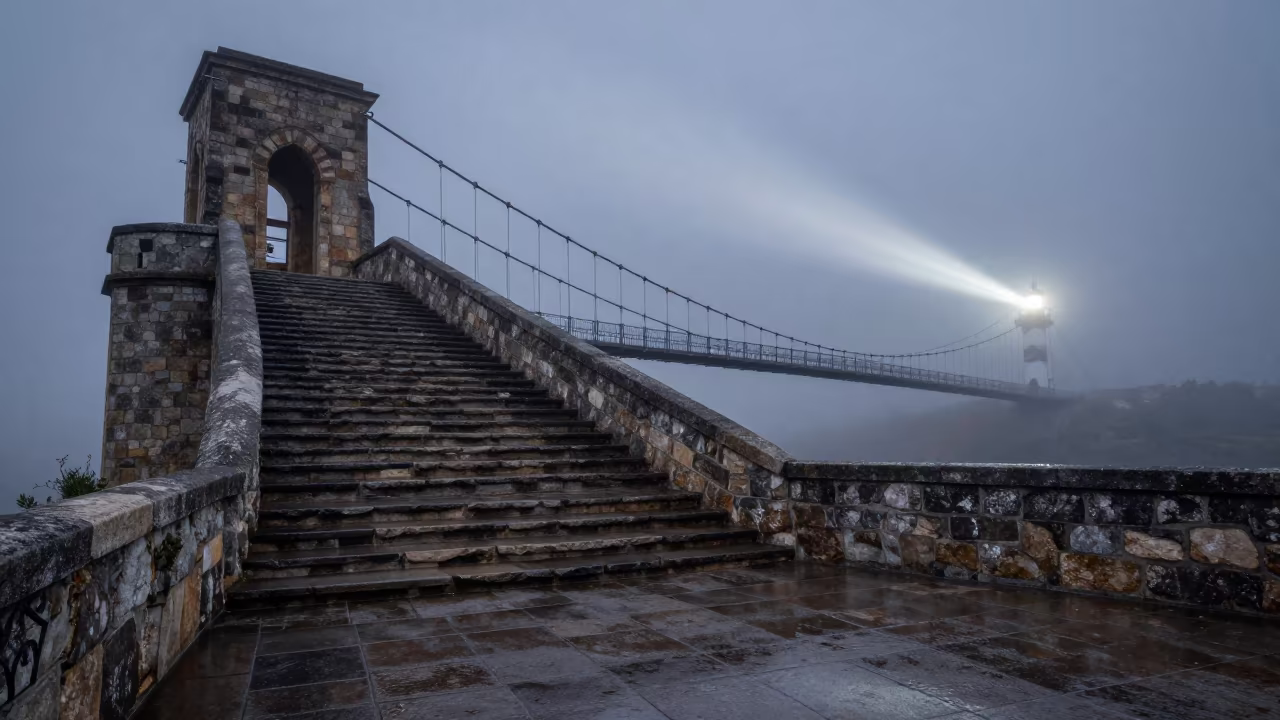 Midnight Suspension Bridge Vanishing into Clouds in at the base of a monumental staircase in Castile