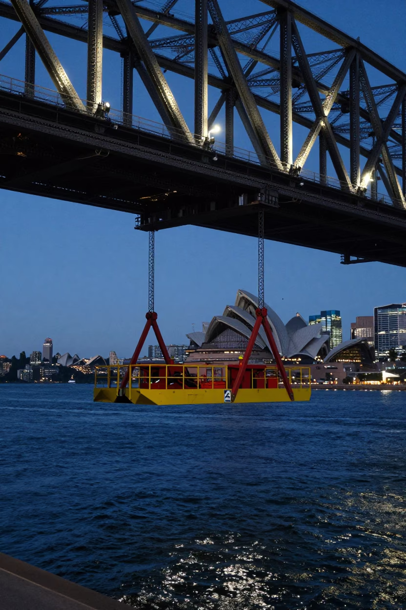 Midnight Sydney Harbor Bridge Maintenance Cradle Hanging Over Cold River Water in in Sydney, New South Wales, Australia