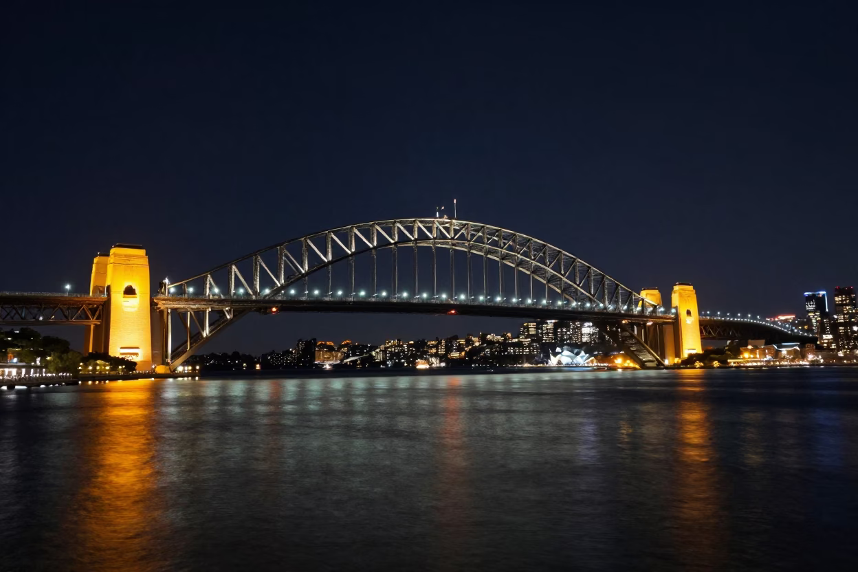 Midnight Sydney Harbour Bridge Illumination and Urban Street Scene with Doorframe Detail in in Sydney, New South Wales, Australia