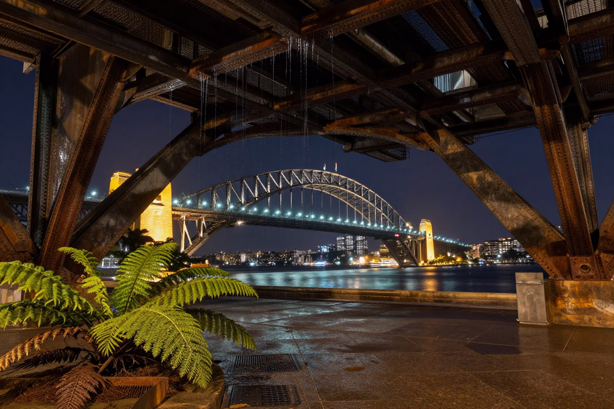 Midnight Sydney Harbour Bridge Viaduct Arch Undercroft Dripping Ferny Stone Landscape Shot in in Sydney, New South Wales, Australia