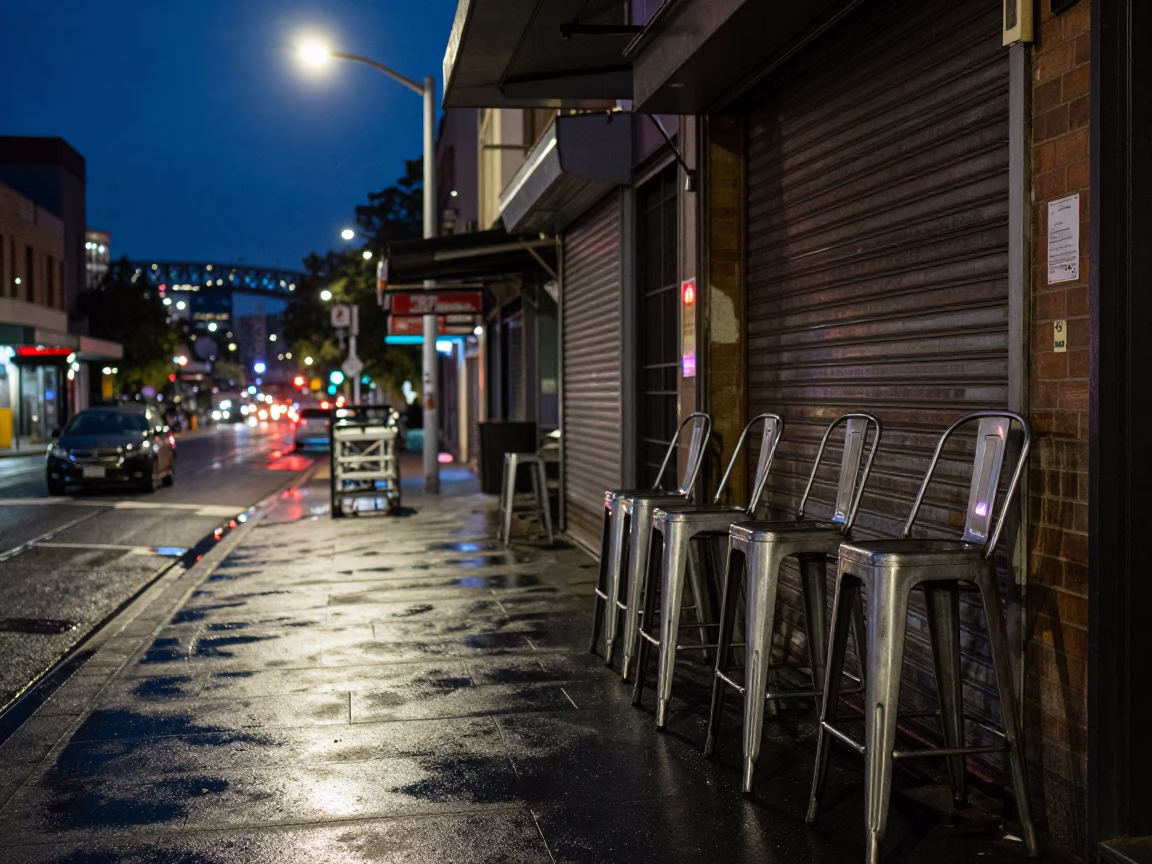 Midnight Sydney Street Scene with Bar Stools and Urban Concrete Details in in Sydney, New South Wales, Australia