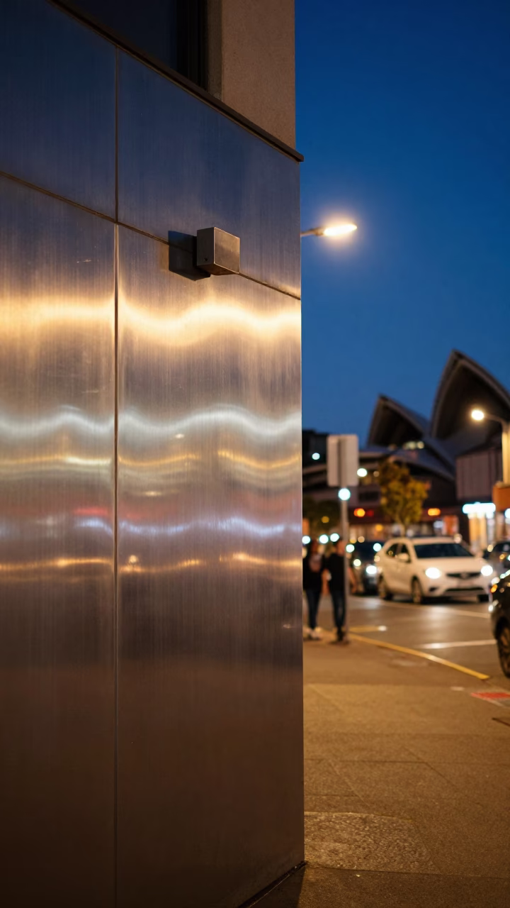 Midnight Sydney Street Scene with Brushed Steel Wall and Coiled Rope at Harbour in in Sydney, New South Wales, Australia
