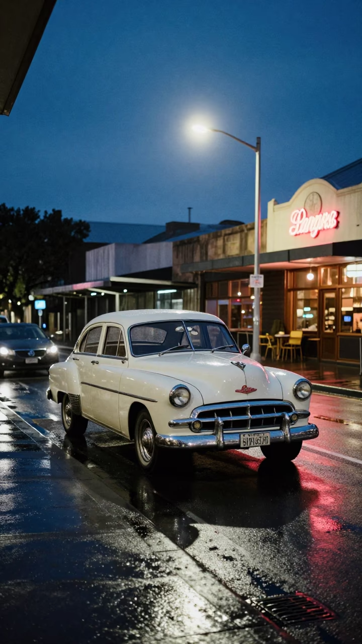 Midnight Sydney Street Scene with Vintage 1950s Car and Neon Reflections in in Sydney, New South Wales, Australia