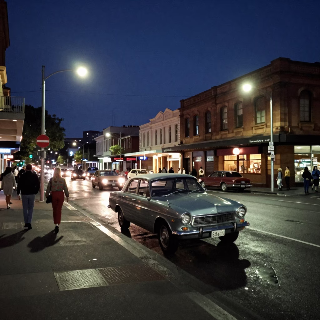 Midnight Sydney Street Scene with Vintage 1970s Car and Neon Reflections on Wet Pavement in in Sydney, New South Wales, Australia