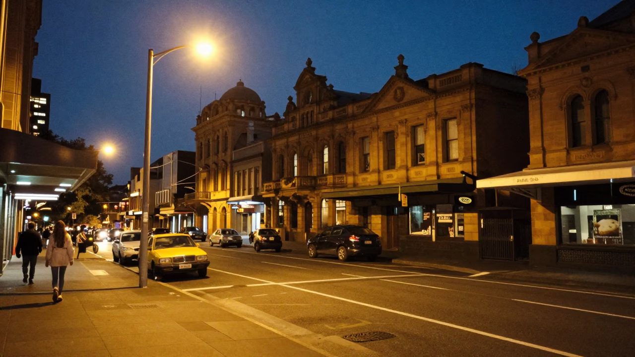 Midnight Sydney Street Scene with Vintage 1980s Aesthetic and Urban Details in in Sydney, New South Wales, Australia