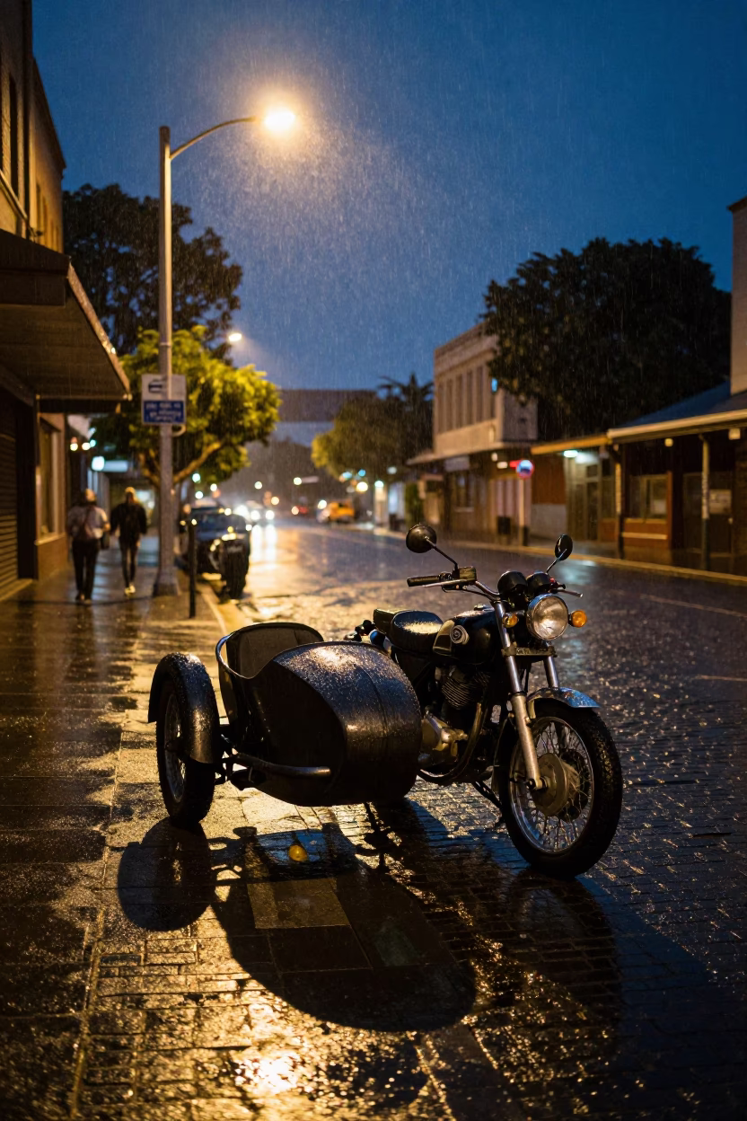 Midnight Sydney Street Scene with Vintage Motorcycle and Rain-Slicked Cobblestone Reflections in in Sydney, New South Wales, Australia