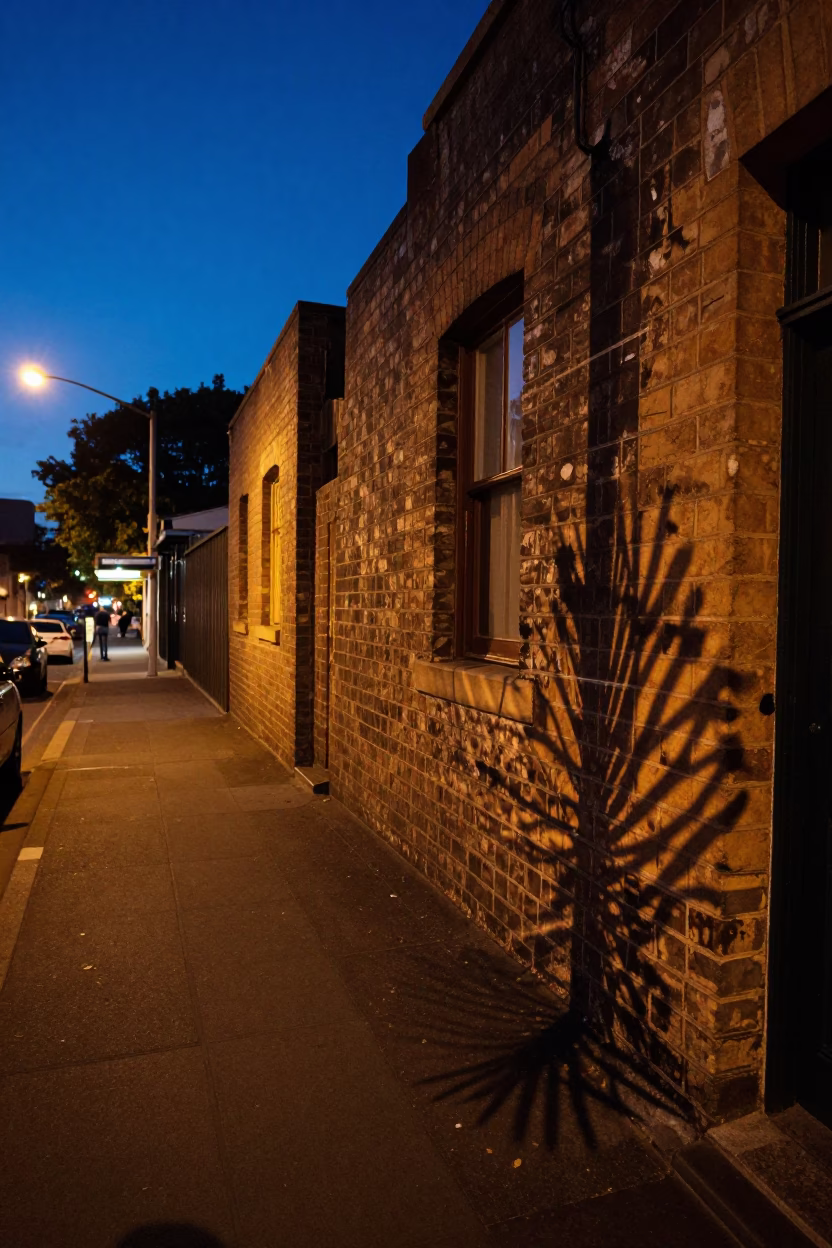 Midnight Sydney Street Scene with Wicker Shadow on Doorframe and Beaded Sandals in in Sydney, New South Wales, Australia
